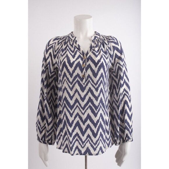 Lilly Pulitzer Womans Elsa Blouse Shirt Top XS Blue White Chevron Tunic 100 Silk - Picture 1 of 6